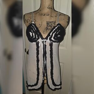 Flora's Follies Black & White Ruffled Sheer Babydoll Lingerie Chemis